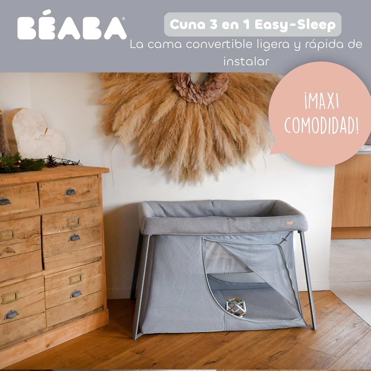 BÉABA, Cama Paraguas 3 en 1, Cuna Bebé, Cama Elevadora, Parque Infantil, Evolutiva, Ligera 6,8 kg, Plegable, Compacta, Bolsa