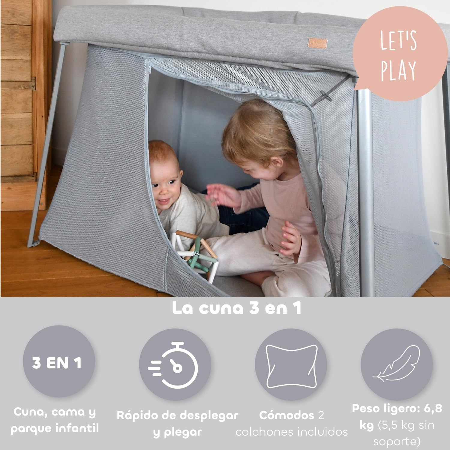 BÉABA, Cama Paraguas 3 en 1, Cuna Bebé, Cama Elevadora, Parque Infantil, Evolutiva, Ligera 6,8 kg, Plegable, Compacta, Bolsa