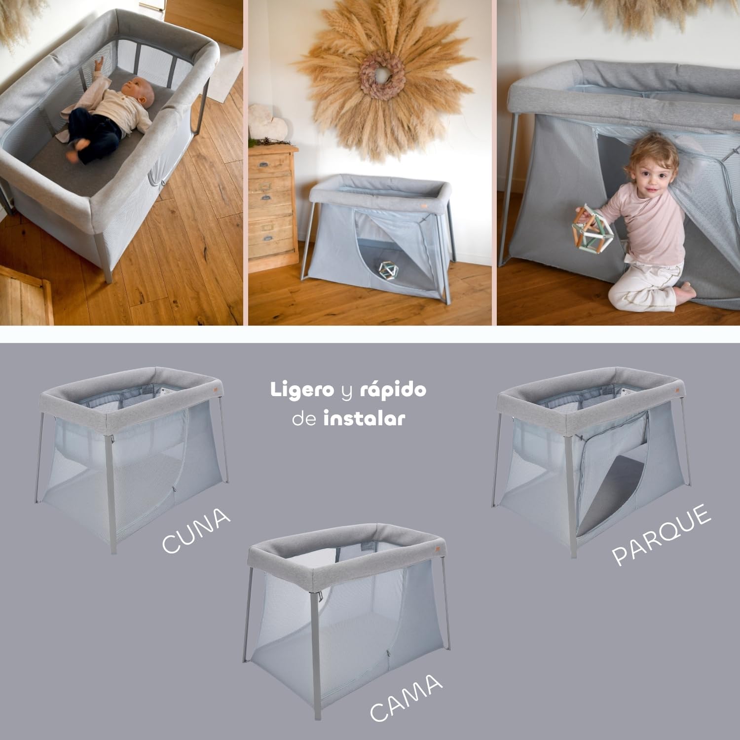 BÉABA, Cama Paraguas 3 en 1, Cuna Bebé, Cama Elevadora, Parque Infantil, Evolutiva, Ligera 6,8 kg, Plegable, Compacta, Bolsa