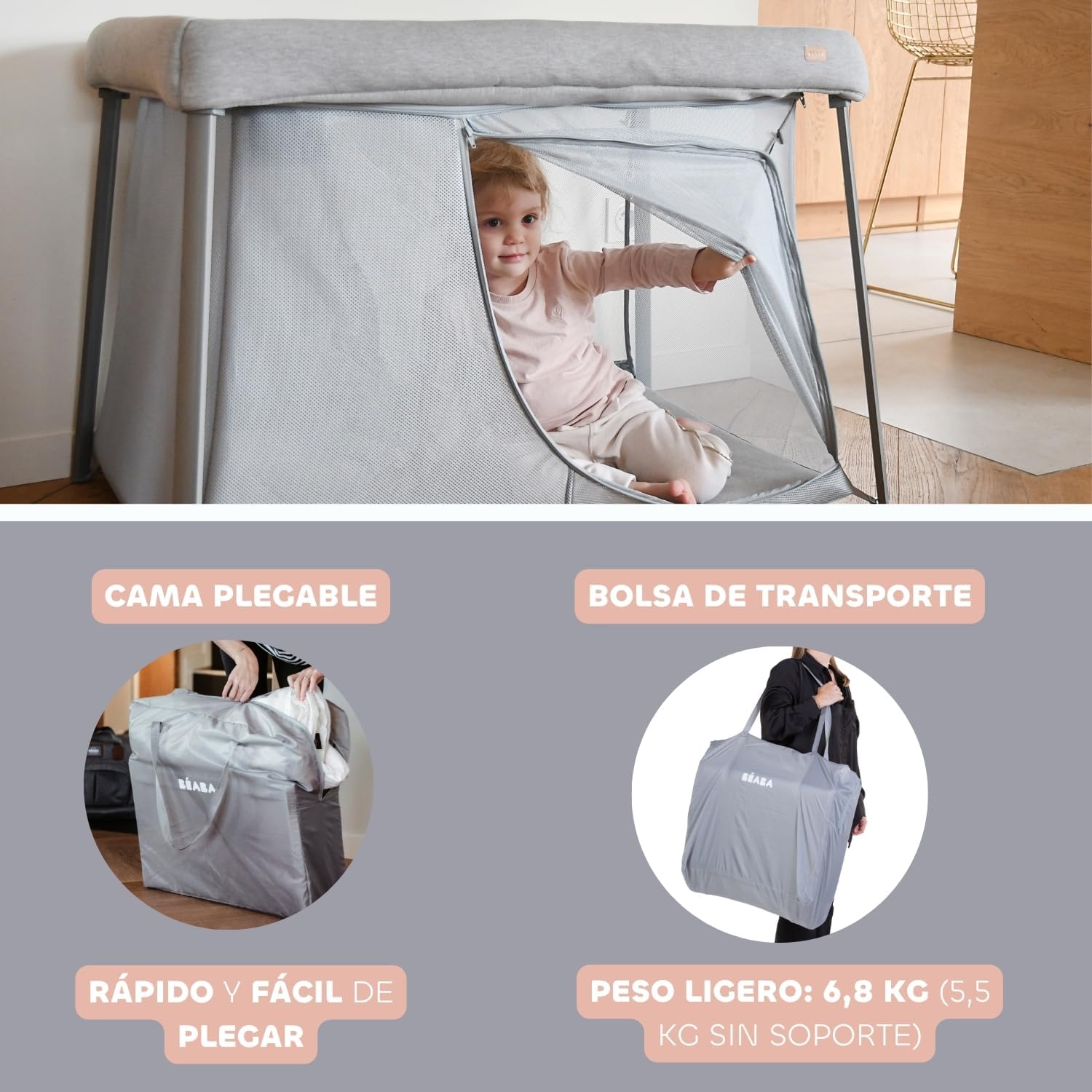 BÉABA, Cama Paraguas 3 en 1, Cuna Bebé, Cama Elevadora, Parque Infantil, Evolutiva, Ligera 6,8 kg, Plegable, Compacta, Bolsa