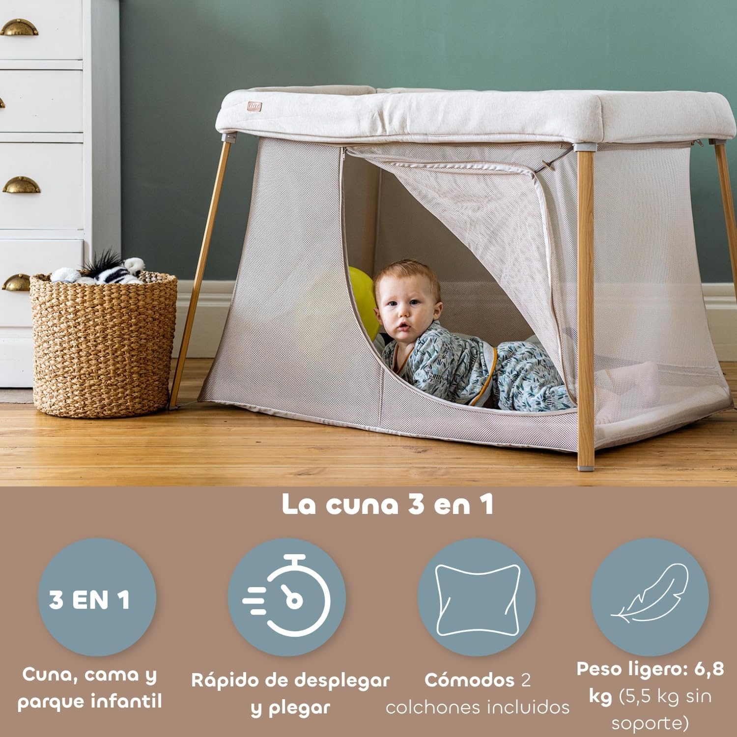 BÉABA, Cuna De Viaje 3 En 1, Moisés Para Bebé, Cama Auxiliar Y Parque, Evolutiva, Ligera, 6,8 Kg, Plegable, Compacta,Bolsa De