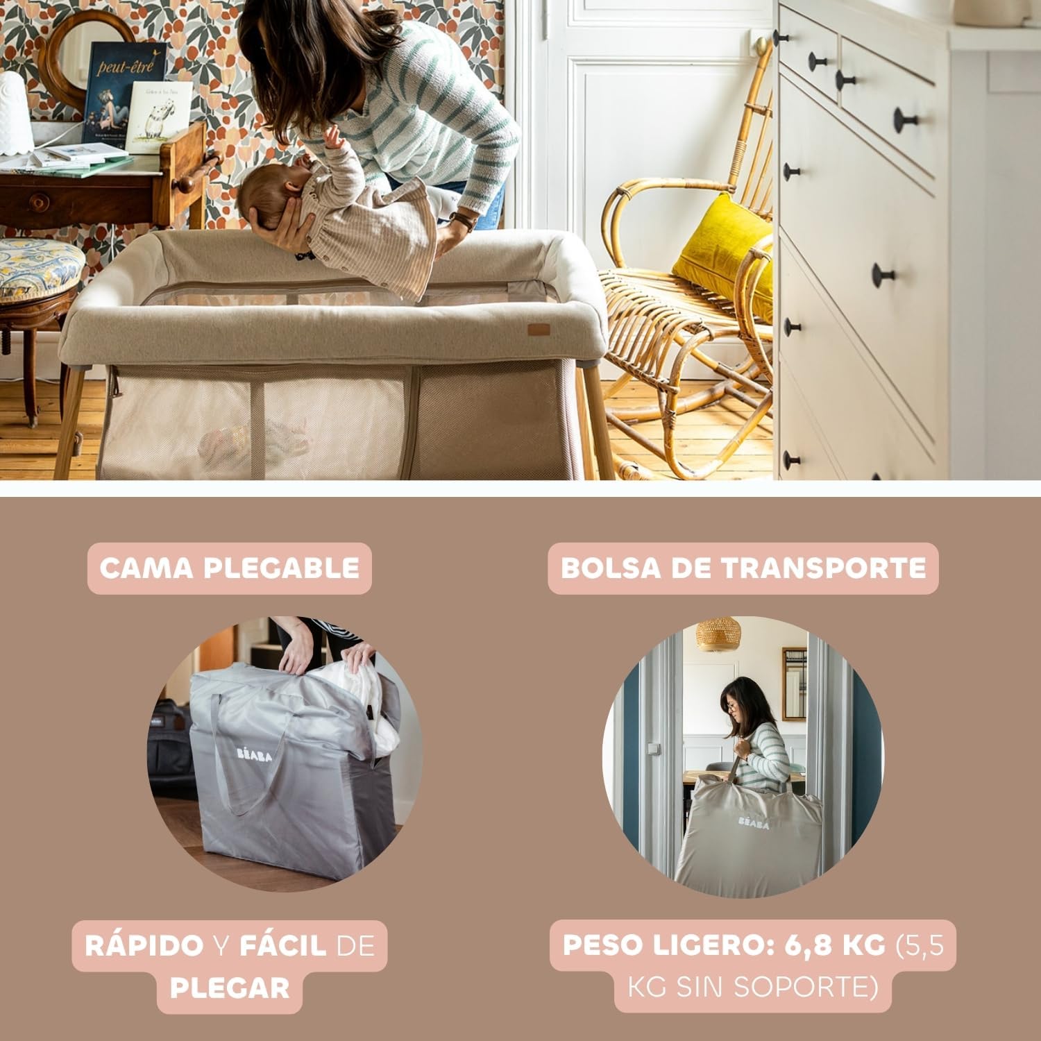 BÉABA, Cuna De Viaje 3 En 1, Moisés Para Bebé, Cama Auxiliar Y Parque, Evolutiva, Ligera, 6,8 Kg, Plegable, Compacta,Bolsa De