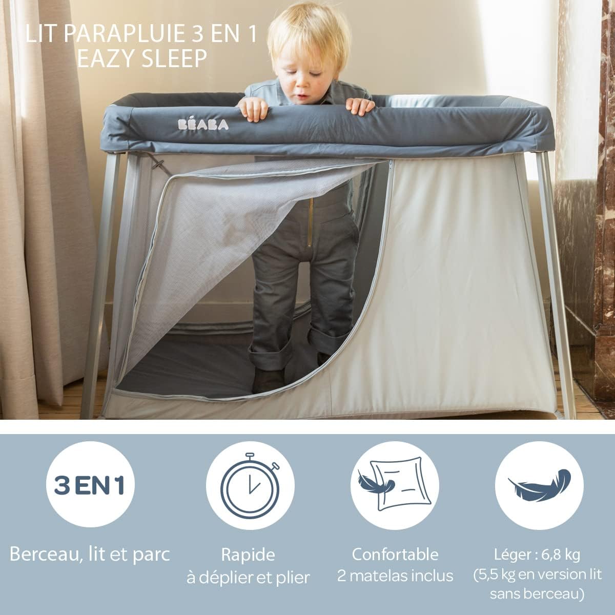 BÉABA, Cuna De Viaje 3 En 1, Moisés Para Bebé, Cama Auxiliar Y Parque, Evolutiva, Ligera, 6,8 Kg, Plegable, Compacta,Bolsa De