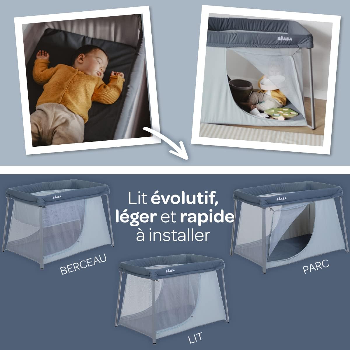 BÉABA, Cuna De Viaje 3 En 1, Moisés Para Bebé, Cama Auxiliar Y Parque, Evolutiva, Ligera, 6,8 Kg, Plegable, Compacta,Bolsa De
