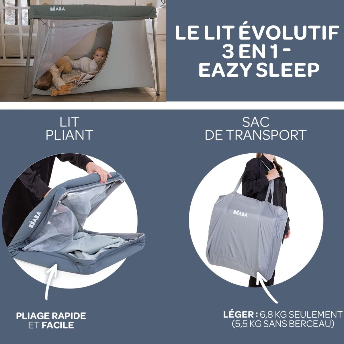 BÉABA, Cuna De Viaje 3 En 1, Moisés Para Bebé, Cama Auxiliar Y Parque, Evolutiva, Ligera, 6,8 Kg, Plegable, Compacta,Bolsa De