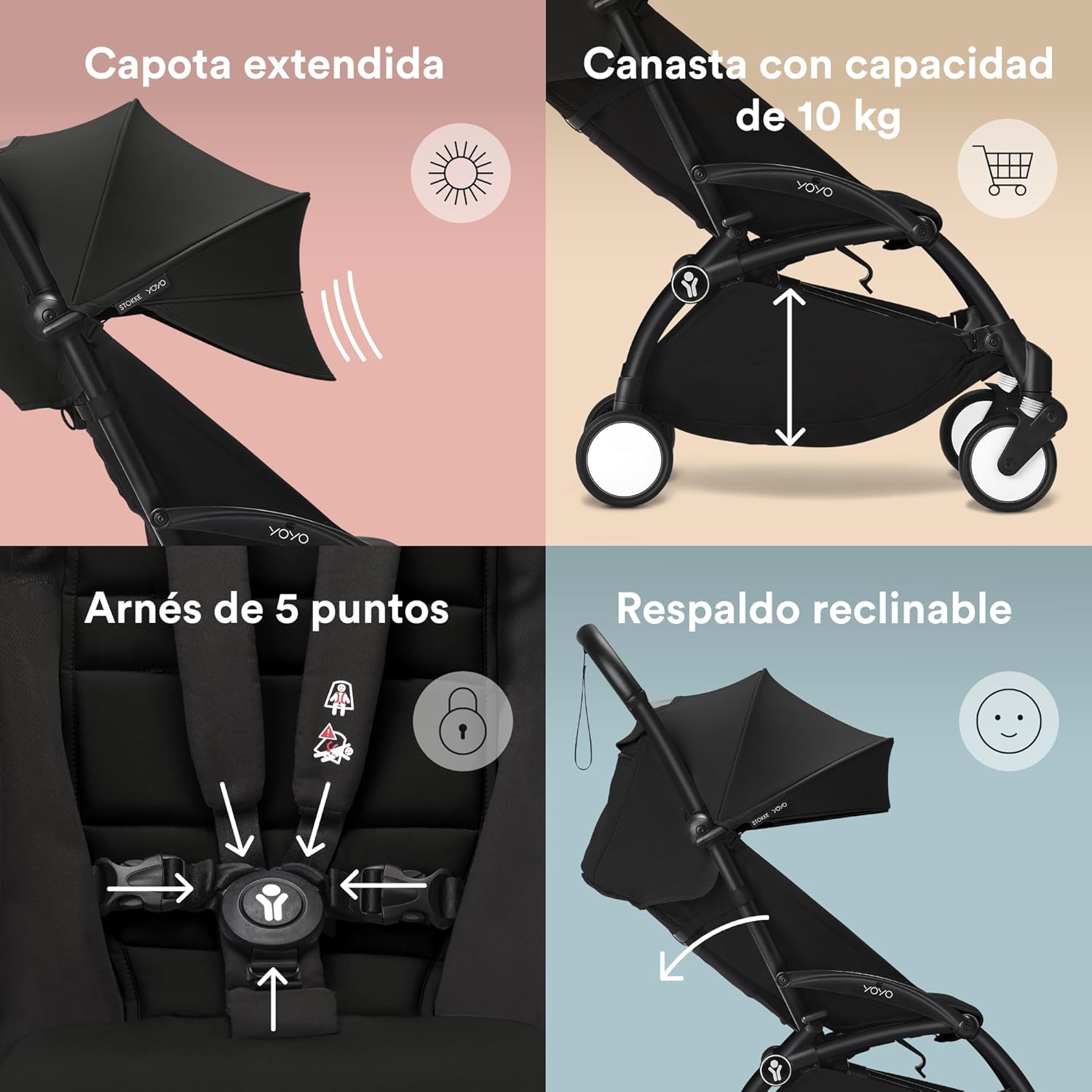 Cochecito Stokke YOYO3 a partir de 6 meses - Incluye chasis, cojín de asiento Topo & dosel negro - Se pliega y despliega en u