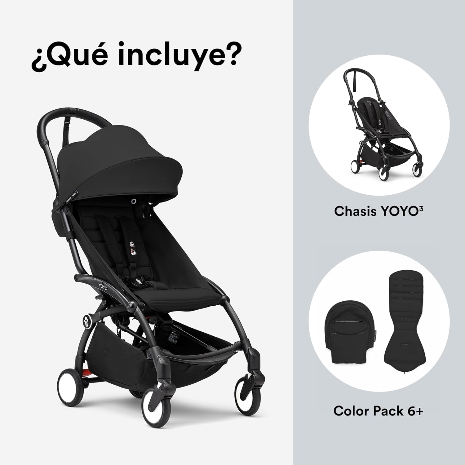 Cochecito Stokke YOYO3 a partir de 6 meses - Incluye chasis, cojín de asiento Topo & dosel negro - Se pliega y despliega en u