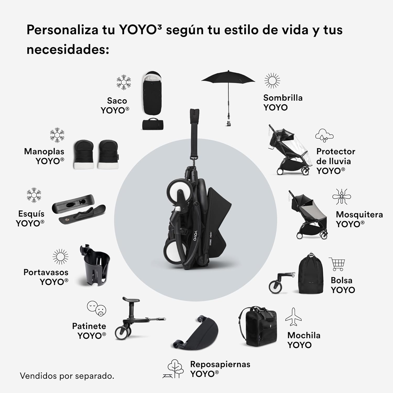 Cochecito Stokke YOYO3 a partir de 6 meses - Incluye chasis, cojín de asiento Topo & dosel negro - Se pliega y despliega en u