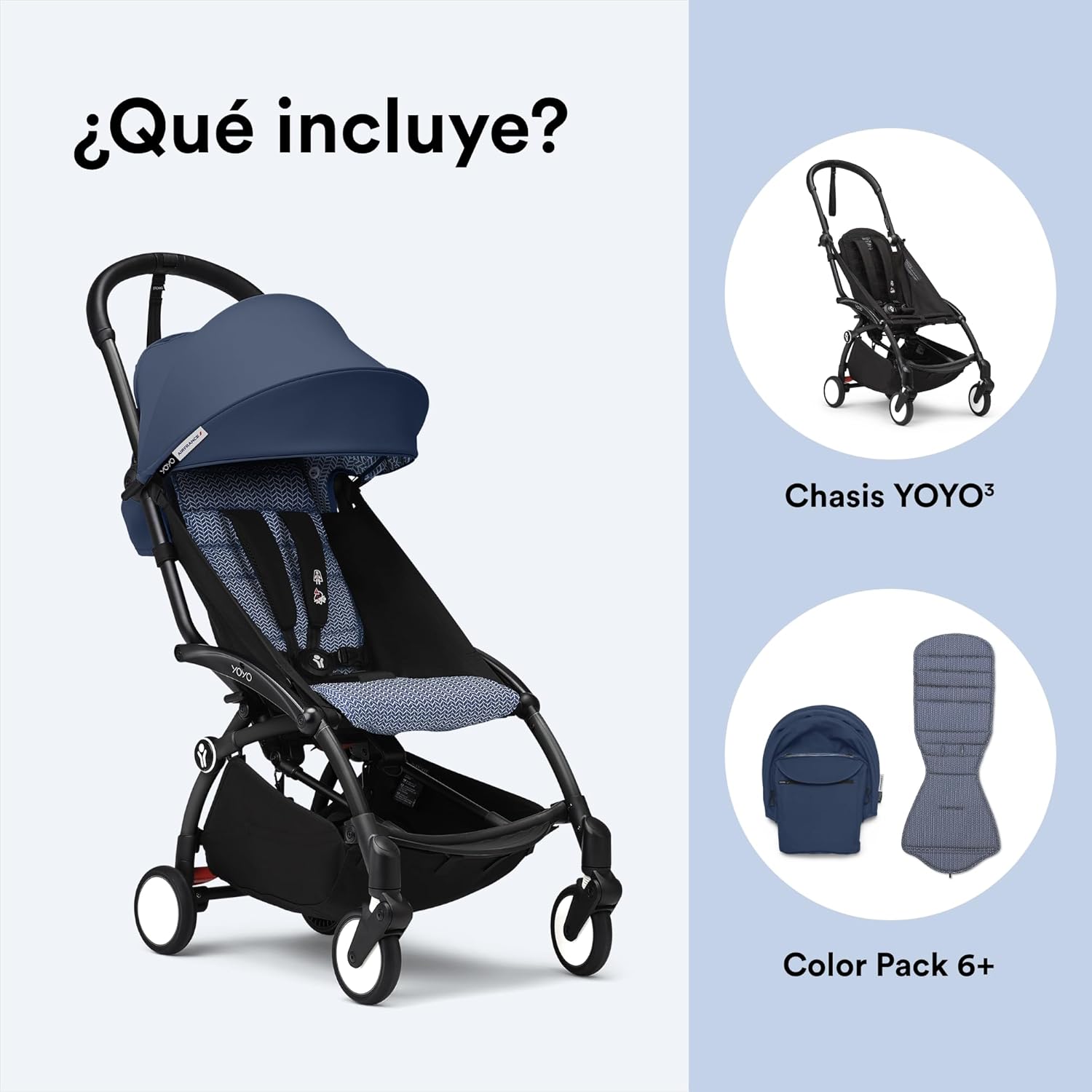 Cochecito Stokke YOYO3 a partir de 6 meses - Incluye chasis negro, cojín de asiento Air France Blue & dosel - Se pliega y des