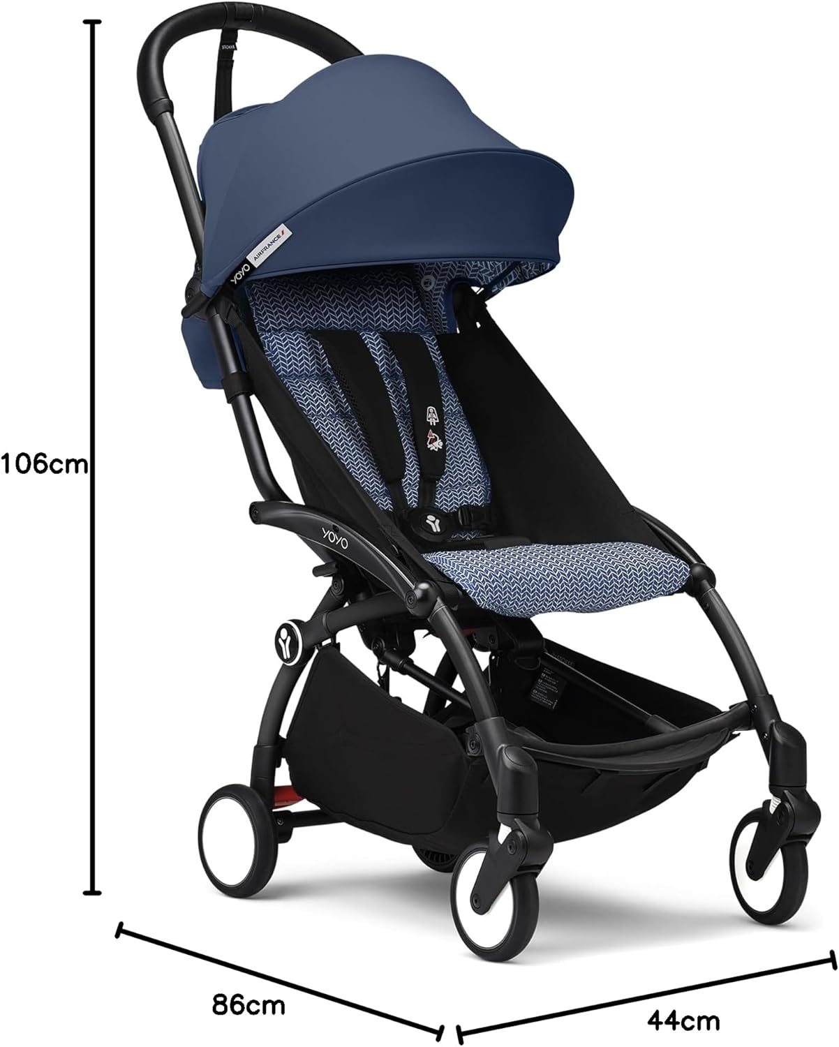 Imagen de producto Cochecito Stokke YOYO3 a partir de 6 meses - Incluye chasis negro, cojín de asiento Air France Blue & dose