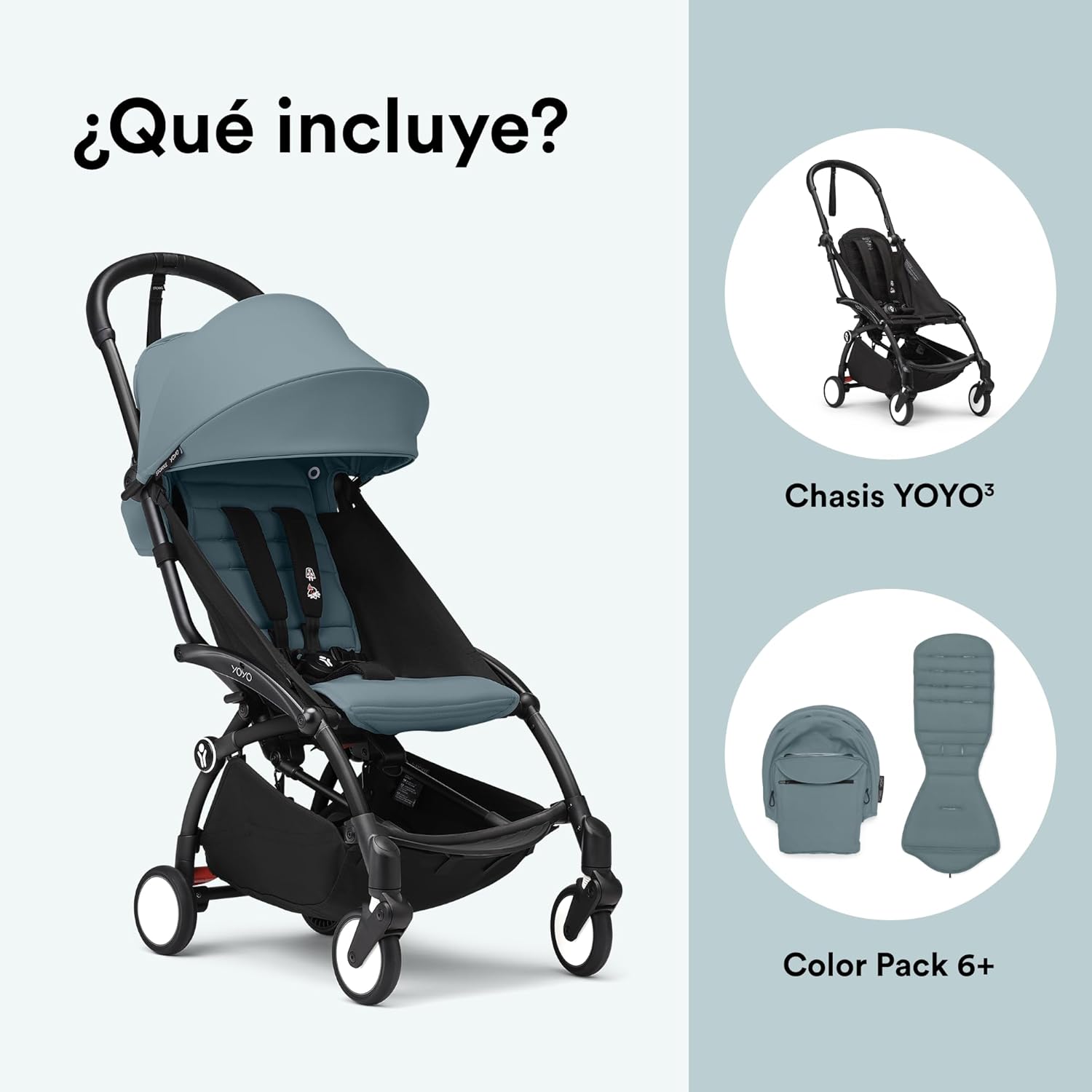 Cochecito Stokke YOYO3 a partir de 6 meses - Incluye chasis negro/cojín de asiento Aqua + dosel - Se pliega y despliega en un