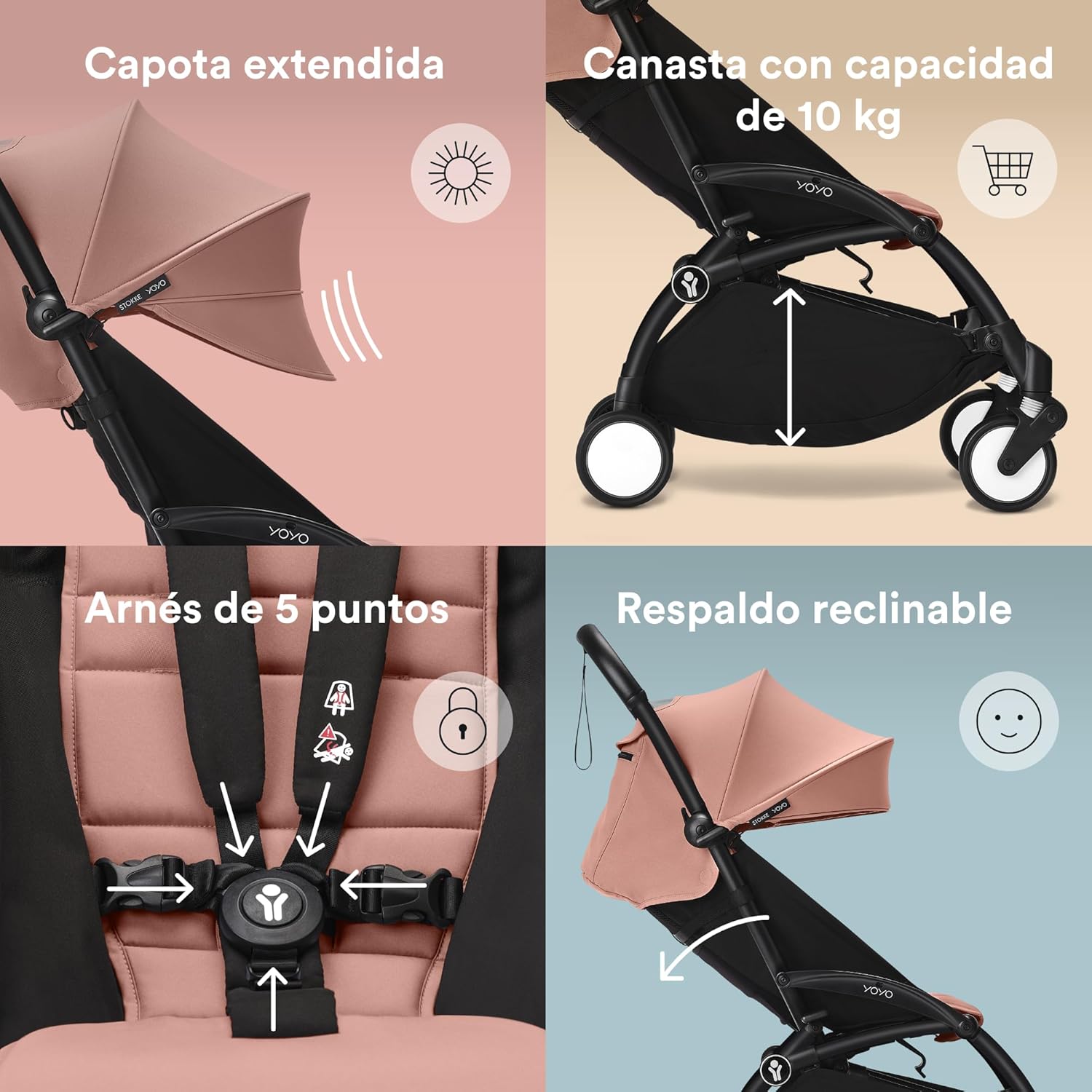 Cochecito Stokke YOYO3 a partir de 6 meses - Incluye chasis negro/cojín de asiento Ginger + dosel - Se pliega y despliega en