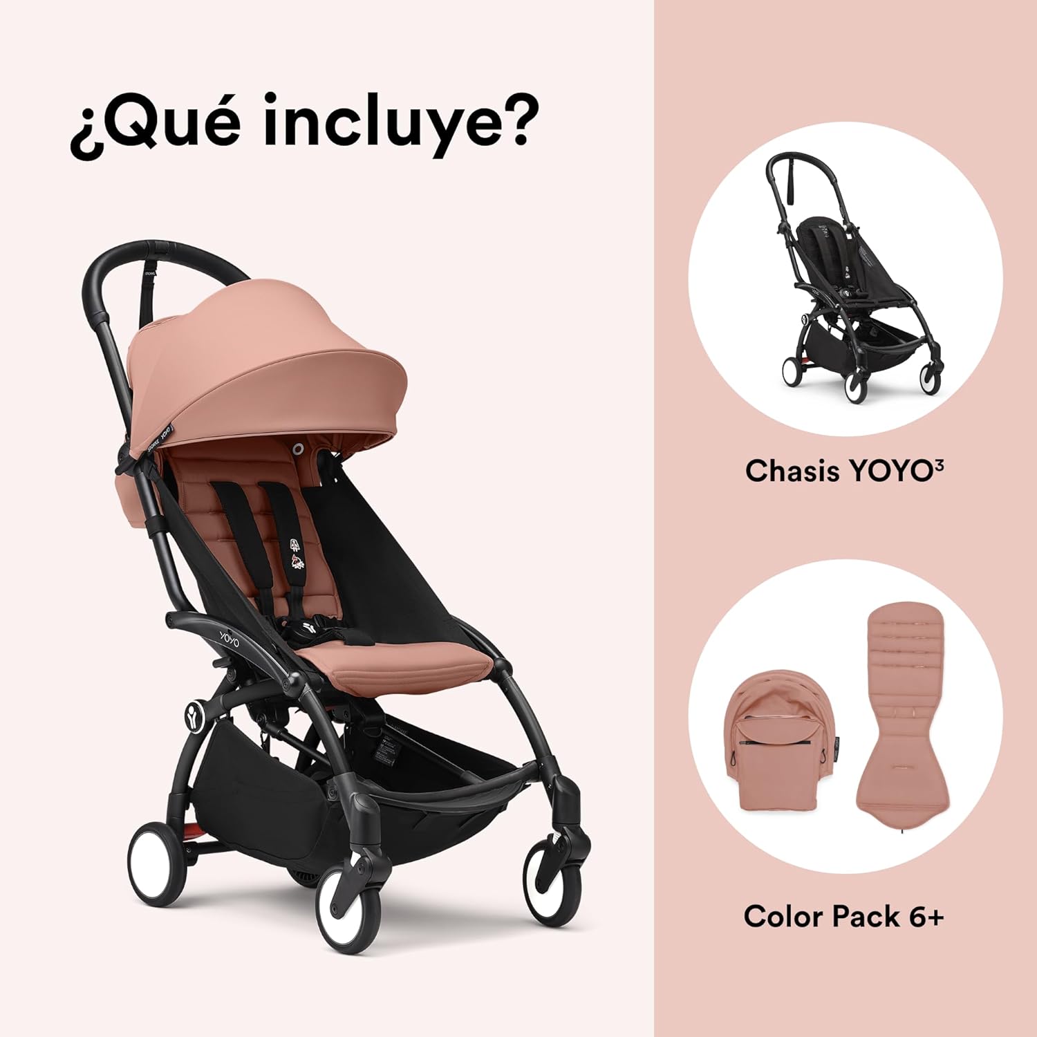 Cochecito Stokke YOYO3 a partir de 6 meses - Incluye chasis negro/cojín de asiento Ginger + dosel - Se pliega y despliega en