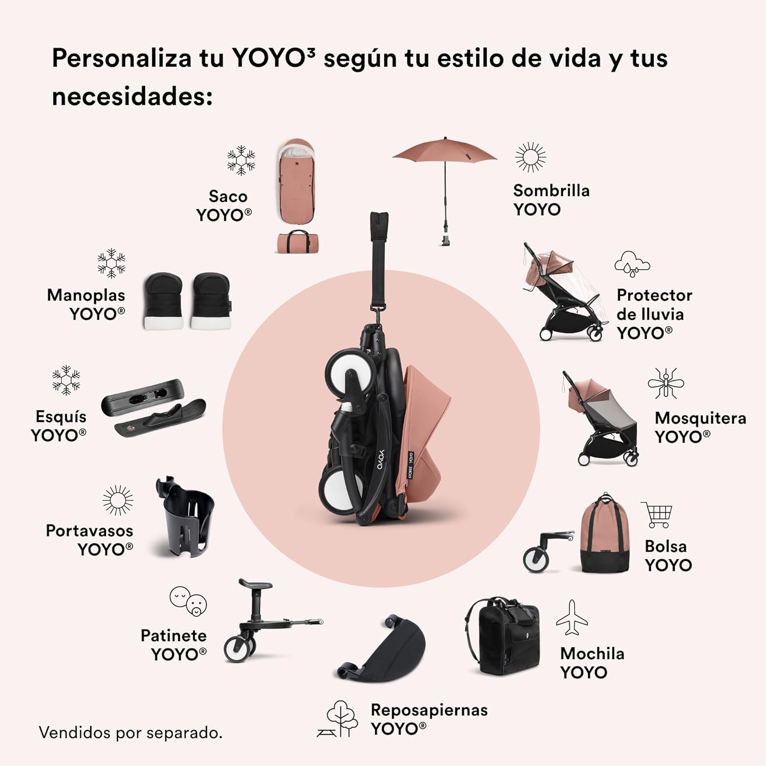 Cochecito Stokke YOYO3 a partir de 6 meses - Incluye chasis negro/cojín de asiento Ginger + dosel - Se pliega y despliega en