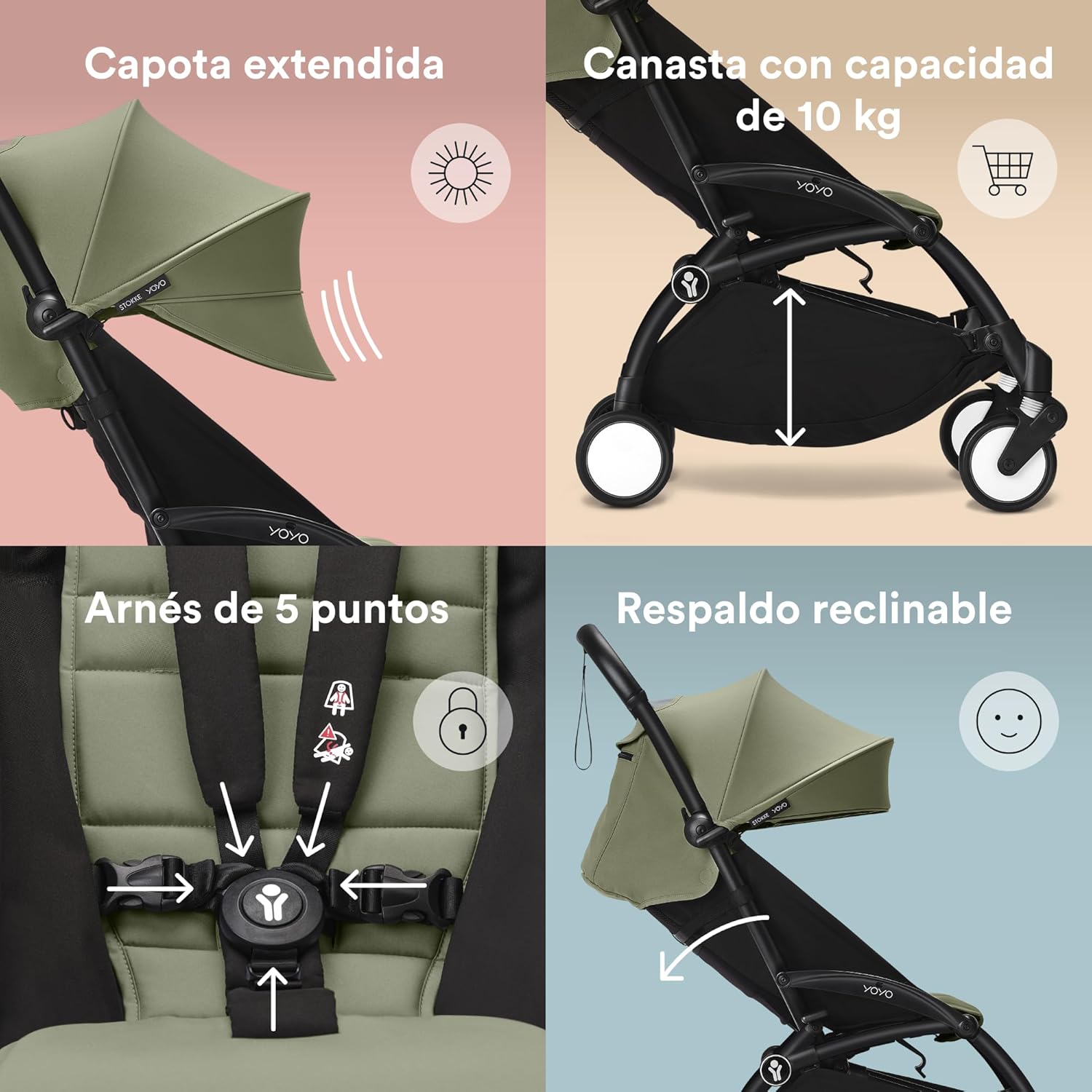 Cochecito Stokke YOYO3 a partir de 6 meses - Incluye chasis negro/cojín de asiento Olive + dosel - Se pliega y despliega en u