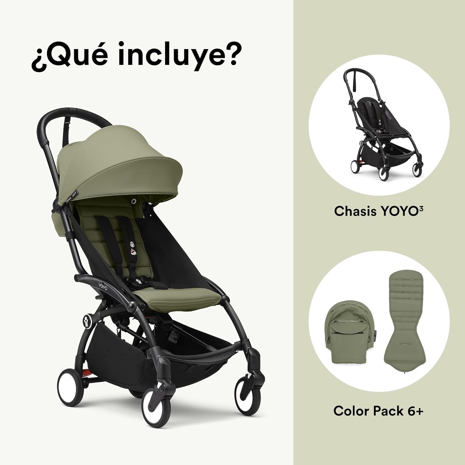 Cochecito Stokke YOYO3 a partir de 6 meses - Incluye chasis negro/cojín de asiento Olive + dosel - Se pliega y despliega en u