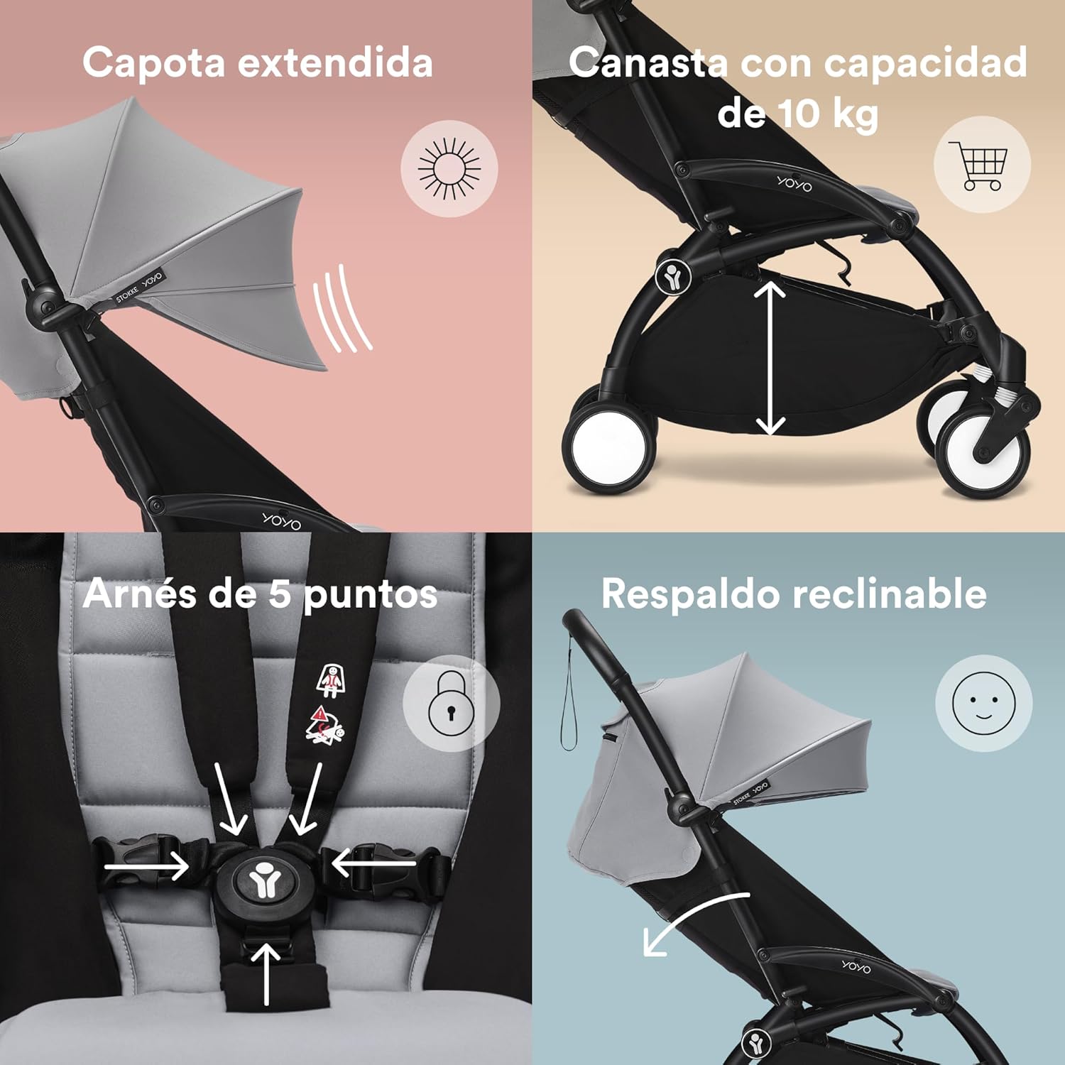 Cochecito Stokke YOYO3 a partir de 6 meses - Incluye chasis negro/cojín de asiento Stone + dosel - Se pliega y despliega en u