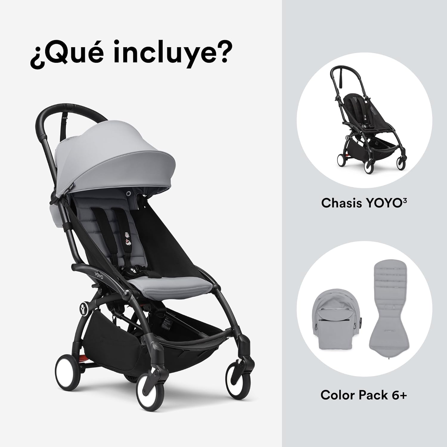 Cochecito Stokke YOYO3 a partir de 6 meses - Incluye chasis negro/cojín de asiento Stone + dosel - Se pliega y despliega en u