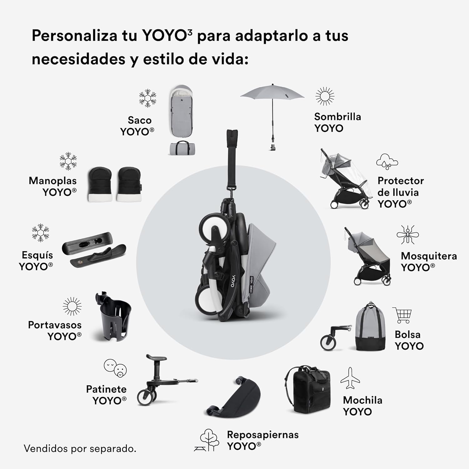 Cochecito Stokke YOYO3 a partir de 6 meses - Incluye chasis negro/cojín de asiento Stone + dosel - Se pliega y despliega en u
