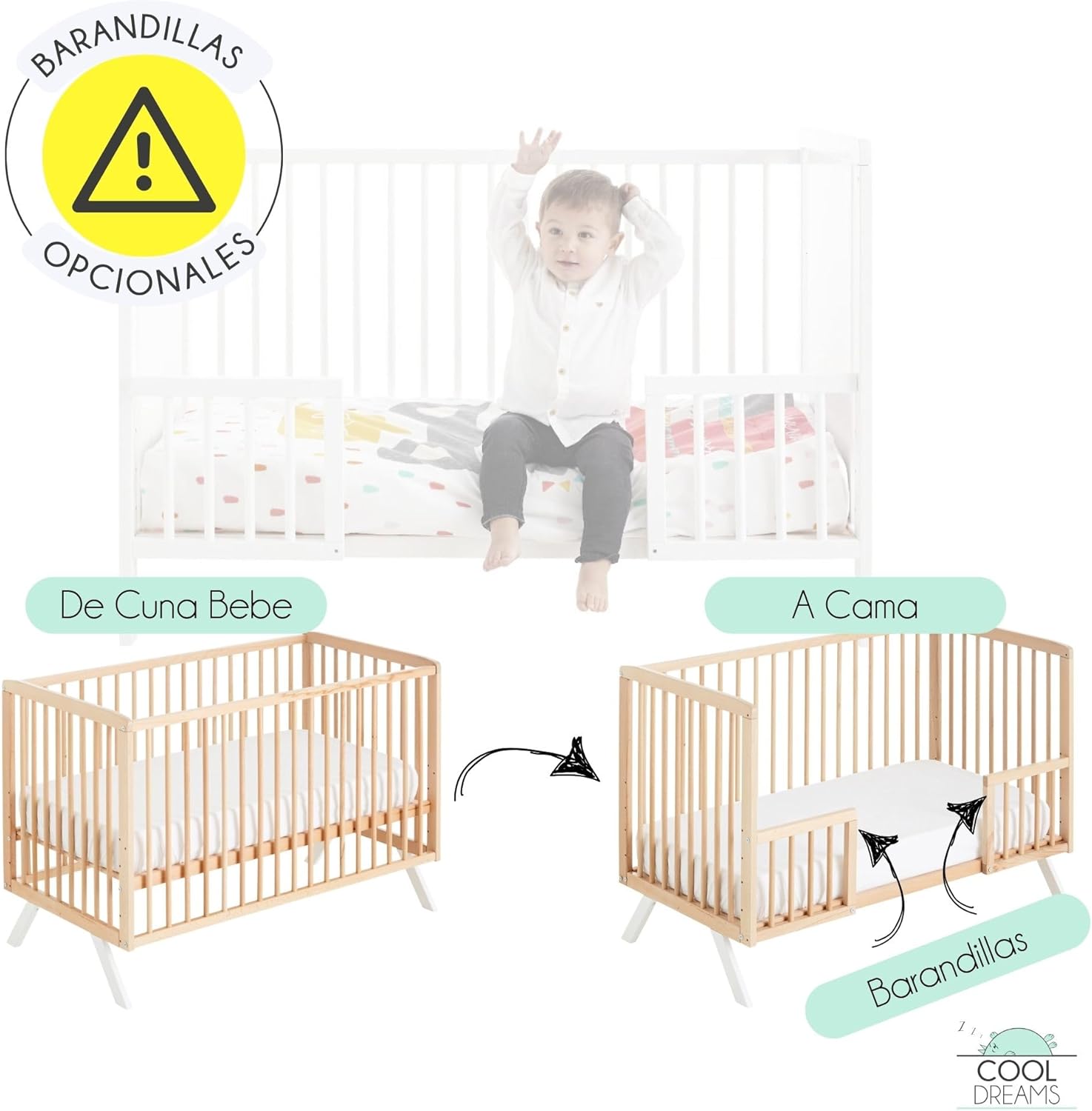 Cuna Colecho de Bebé Koala Estilo Nórdico Natural 120x60 cm, de Madera de Haya, con Kit Colecho Incluido CoolDreams - caracte