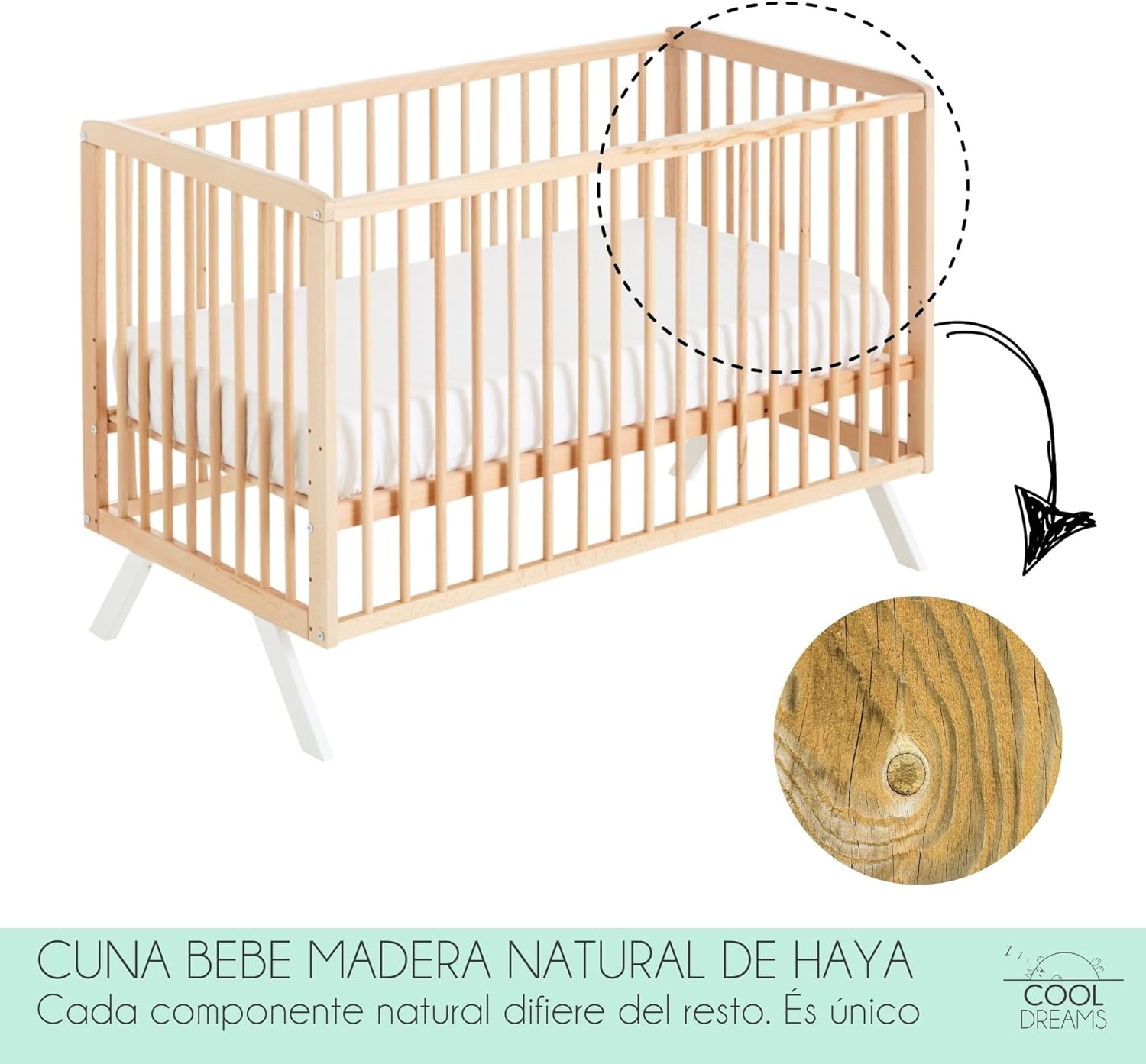 Cuna Colecho de Bebé Koala Estilo Nórdico Natural 120x60 cm, de Madera de Haya, con Kit Colecho Incluido CoolDreams - detalle
