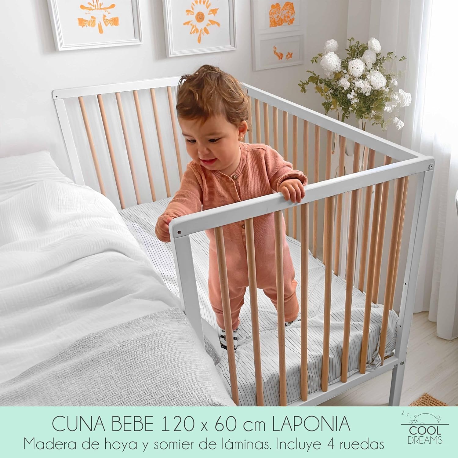 Cuna de Bebé Laponia Estilo Nórdico Natural 120x60 cm, de Madera de Haya, con 3 Alturas de Somier y 4 Ruedas con Freno CoolDr