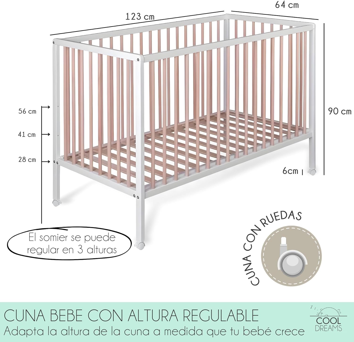Cuna de Bebé Laponia Estilo Nórdico Natural 120x60 cm, de Madera de Haya, con 3 Alturas de Somier y 4 Ruedas con Freno CoolDr