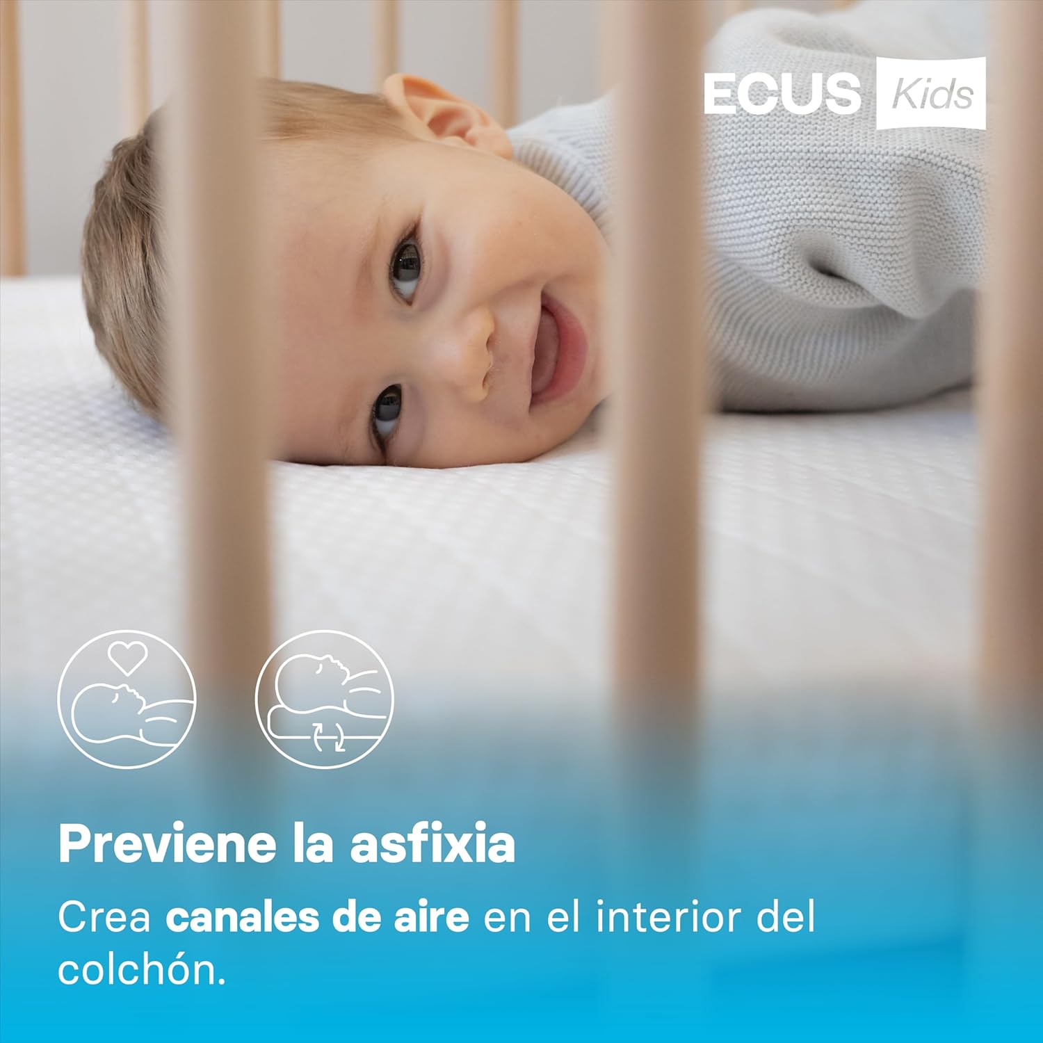 ECUS Kids Colchon Cuna 60x120 cm Modelo Care, Previene la Plagiocefalia. Certificado Sanitario. Colchón Bebé Desenfundable, H