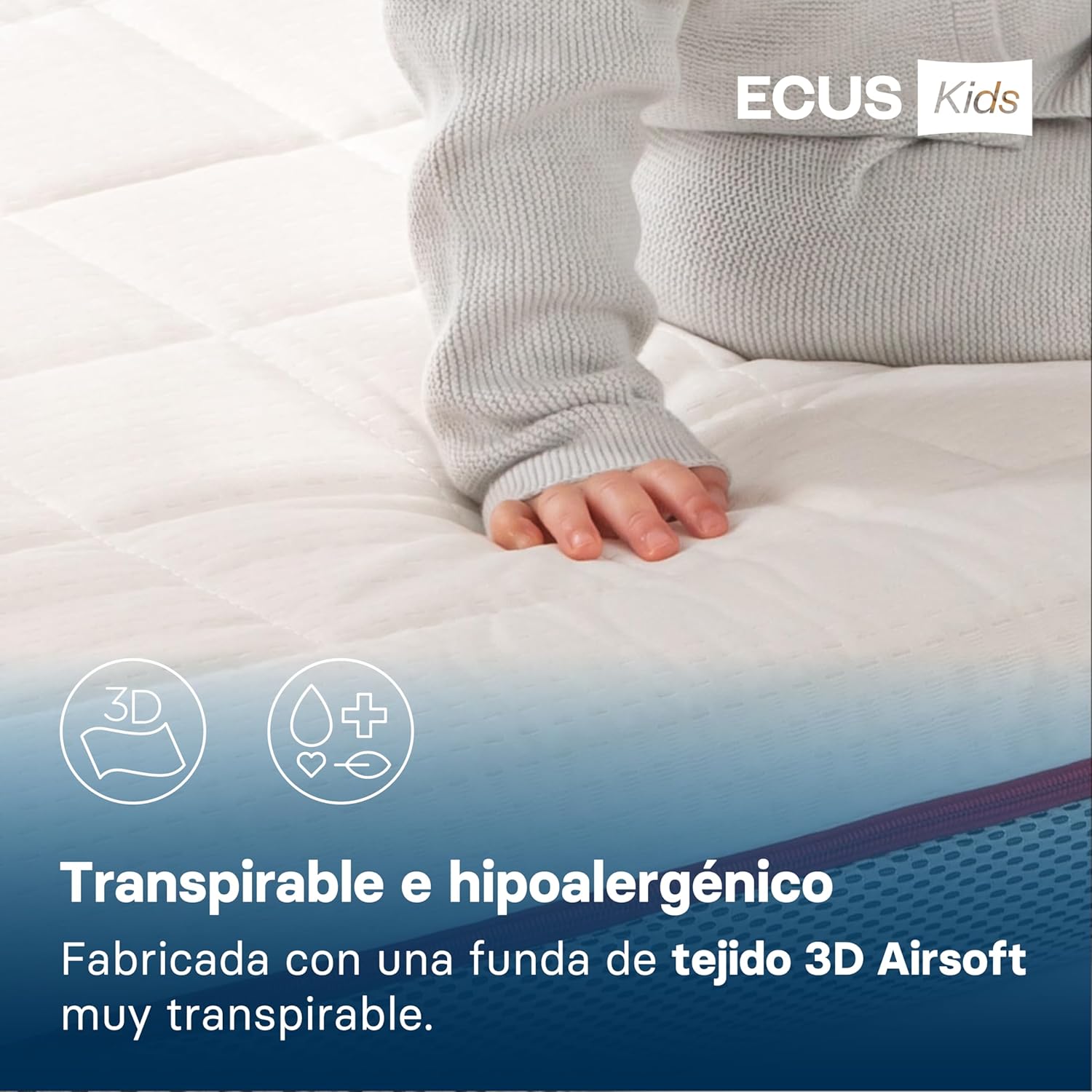 Ecus Kids, Colchón Cuna Pigü 120x60 cm, Antiplagiocefalia, Tejido Airsoft 3D, Hipoalergénico, Transpirable, Altura 12 cm, Col