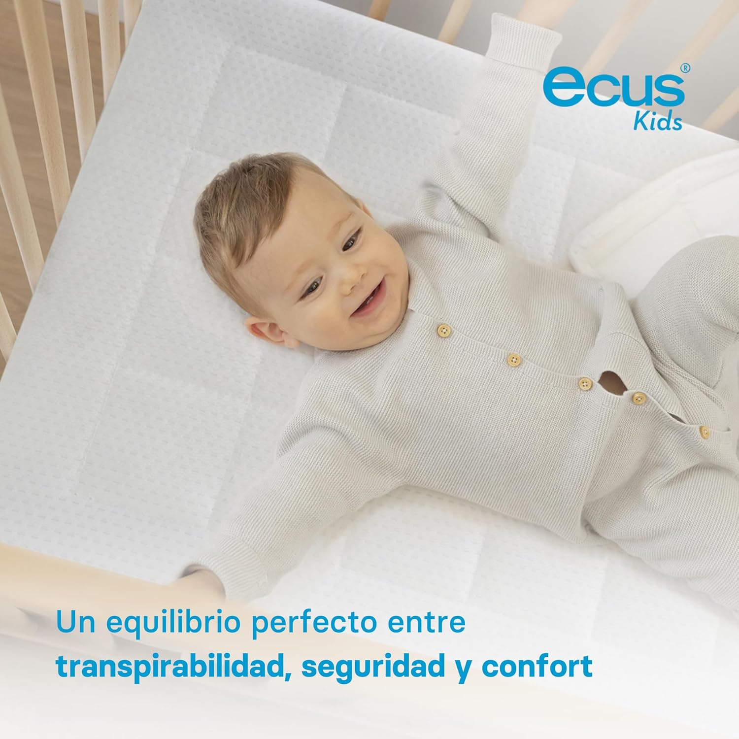 Ecus Kids, Colchón Cuna Pigü 120x60 cm, Antiplagiocefalia, Tejido Airsoft 3D, Hipoalergénico, Transpirable, Altura 12 cm, Col