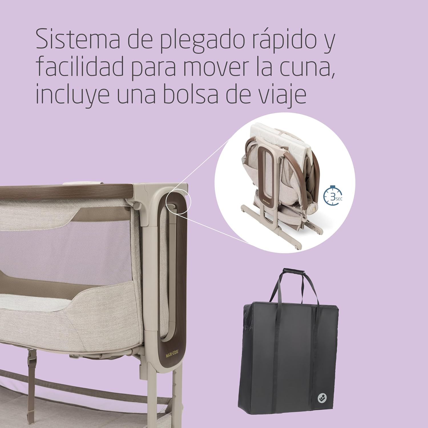 Maxi-Cosi Iora Select Cuna Colecho, 0–6 Meses (9 kg), Cuna Colecho Mecedora Plegable en 1 Paso, Colchón CloudCore 3 cm, 5 Niv