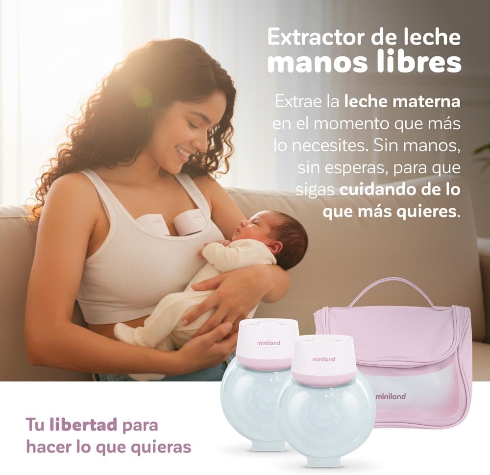 Miniland Sacaleches Eléctrico Portátil Doble y Manos Libres, Extractor de Leche Materna, 5 Tallas de Ajuste (15-24mm), Eficie