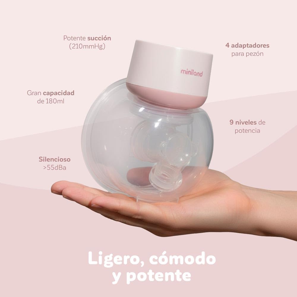 Miniland Sacaleches Eléctrico Portátil y Manos Libres, Extractor de Leche Materna, 5 Tallas de Ajuste (15-24mm), Eficiencia y