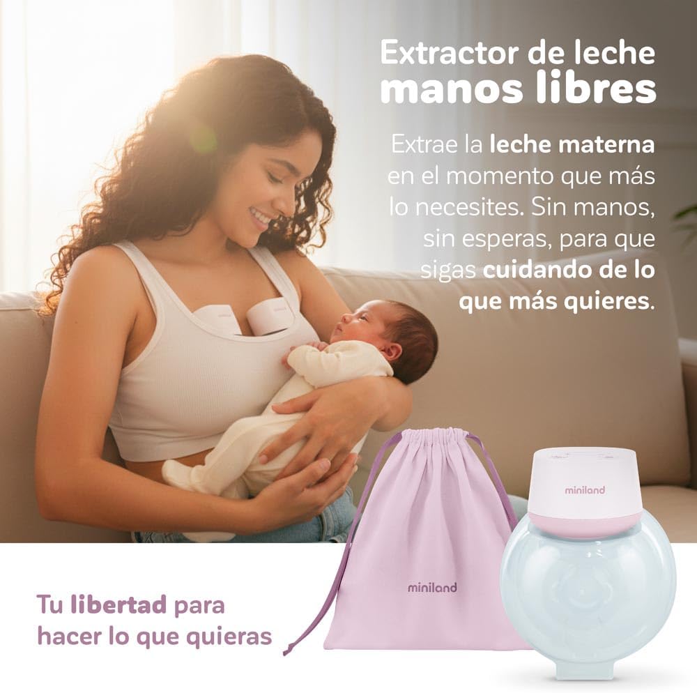 Miniland Sacaleches Eléctrico Portátil y Manos Libres, Extractor de Leche Materna, 5 Tallas de Ajuste (15-24mm), Eficiencia y