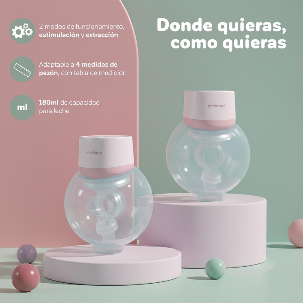 Miniland Sacaleches Eléctrico Portátil y Manos Libres, Extractor de Leche Materna, 5 Tallas de Ajuste (15-24mm), Eficiencia y