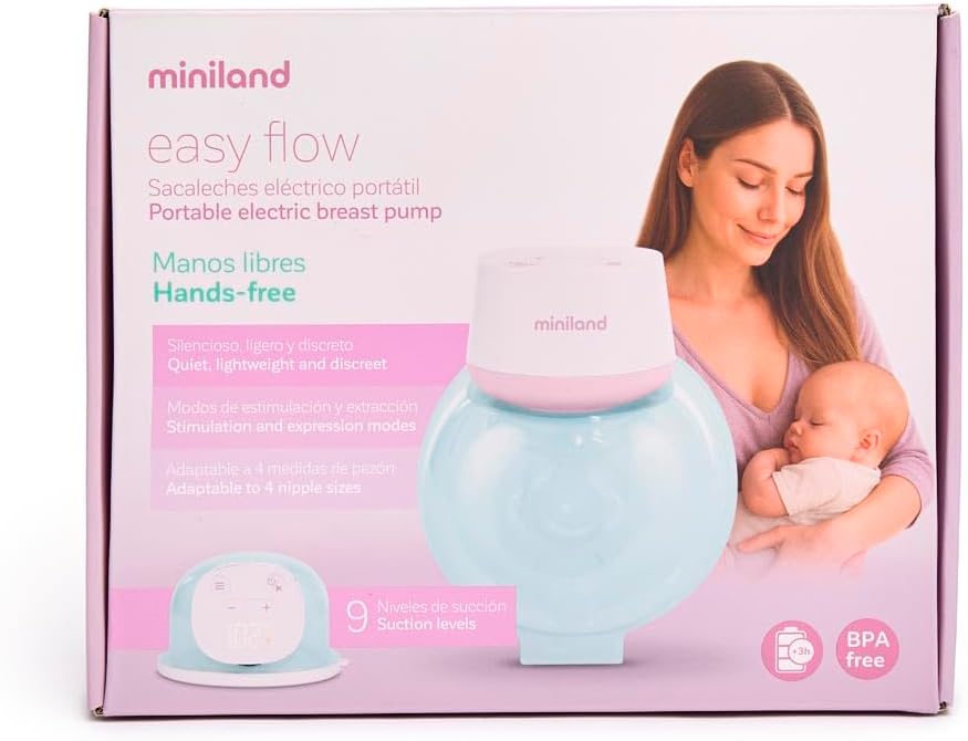 Miniland Sacaleches Eléctrico Portátil y Manos Libres, Extractor de Leche Materna, 5 Tallas de Ajuste (15-24mm), Eficiencia y