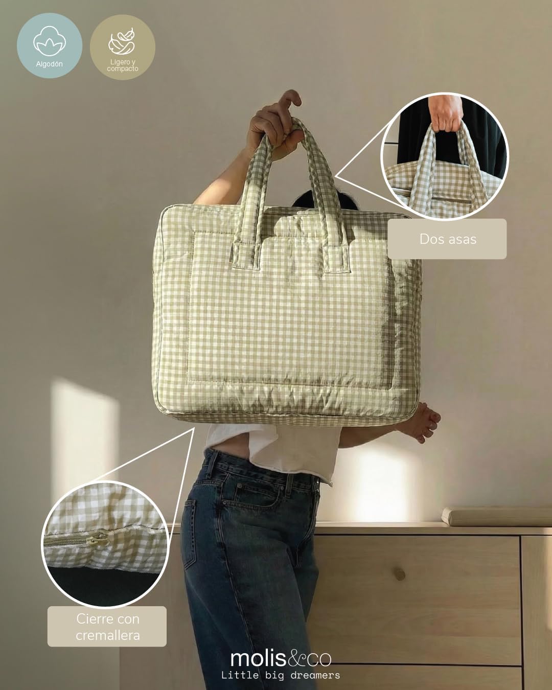 molis&co - Maleta de Viaje Infantil y Bolso Maternidad Hospital - Bolsa Canastilla para Escapadas y Organización - Tejido Sua