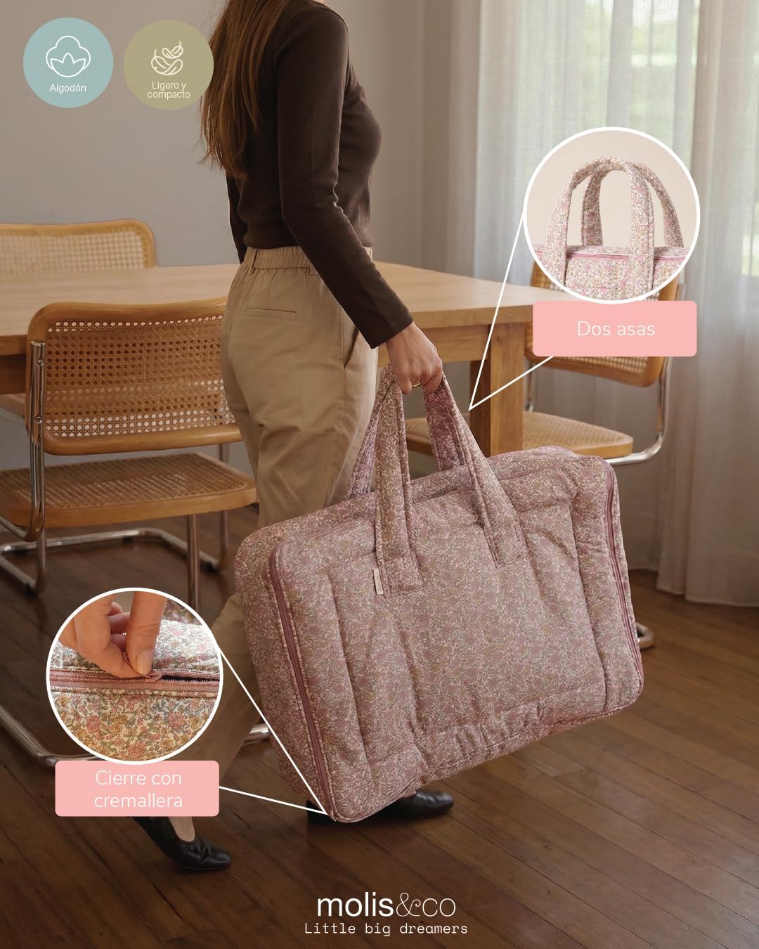 molis&co - Maleta de Viaje Infantil y Bolso Maternidad Hospital - Bolsa Canastilla para Escapadas y Organización - Tejido Sua