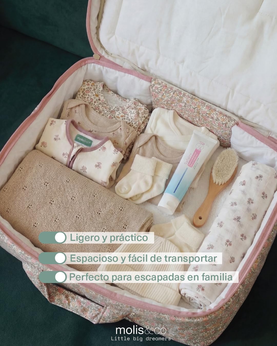 molis&co - Maleta de Viaje Infantil y Bolso Maternidad Hospital - Bolsa Canastilla para Escapadas y Organización - Tejido Sua