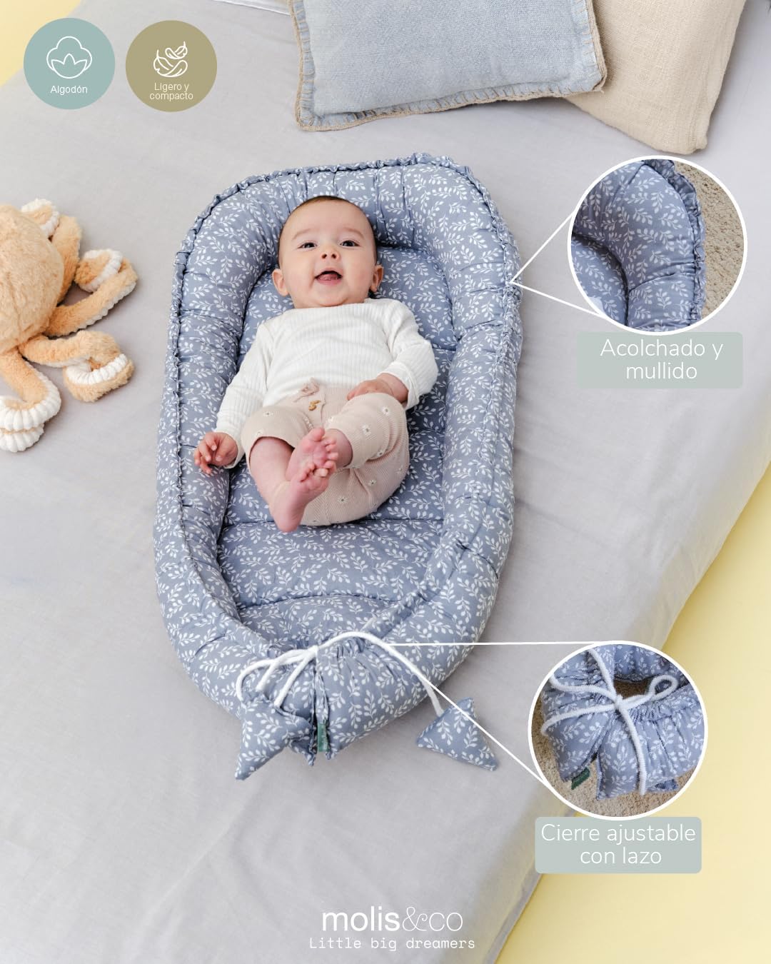 molis&co. Nido de Bebé 90 x 50 cm. Reductor de Cuna o Nido de Colecho para Bebe. Algodón. Cuna Portátil o de Viaje para recié