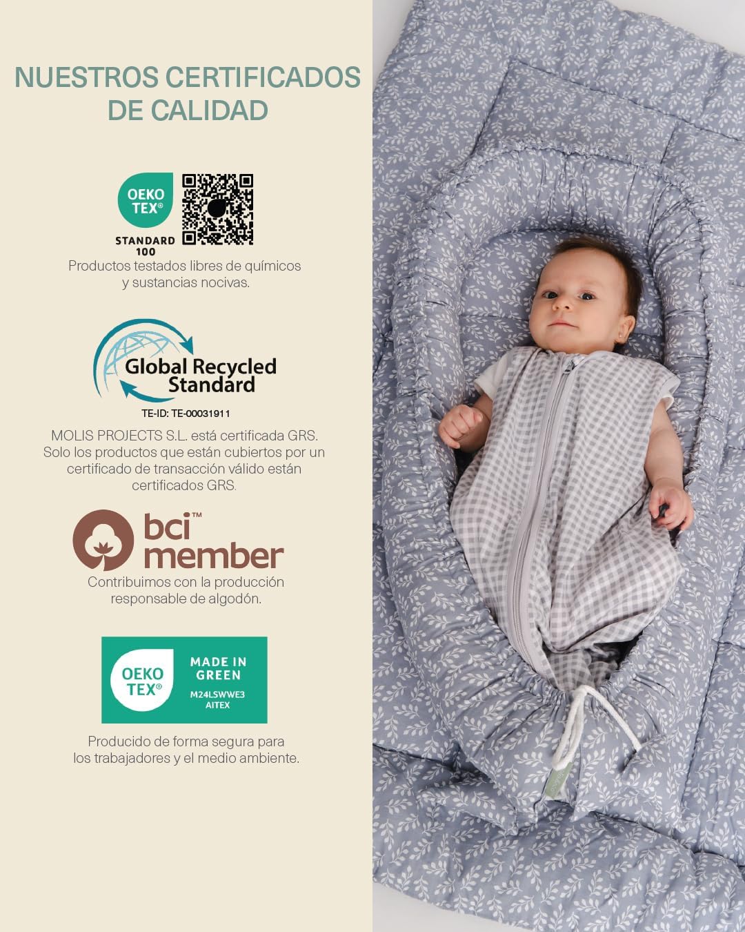 molis&co. Nido de Bebé 90 x 50 cm. Reductor de Cuna o Nido de Colecho para Bebe. Algodón. Cuna Portátil o de Viaje para recié