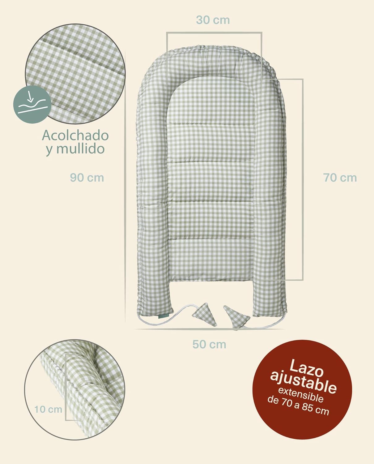 molis&co. Nido de Bebé 90 x 50 cm. Reductor de Cuna o Nido de Colecho para Bebe. Algodón. Cuna Portátil o de Viaje para recié