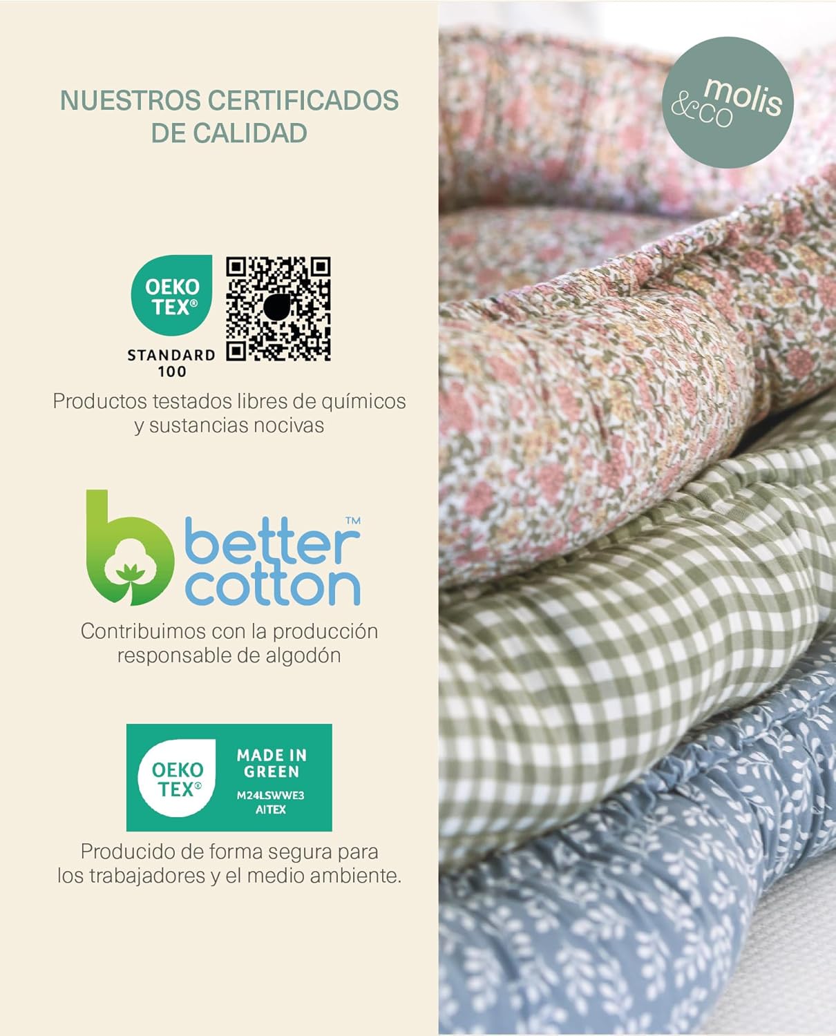 Imagen de producto molis&co. Nido de Bebé 90 x 50 cm. Reductor de Cuna o Nido de Colecho para Bebe. Algodón. Cuna Portátil o