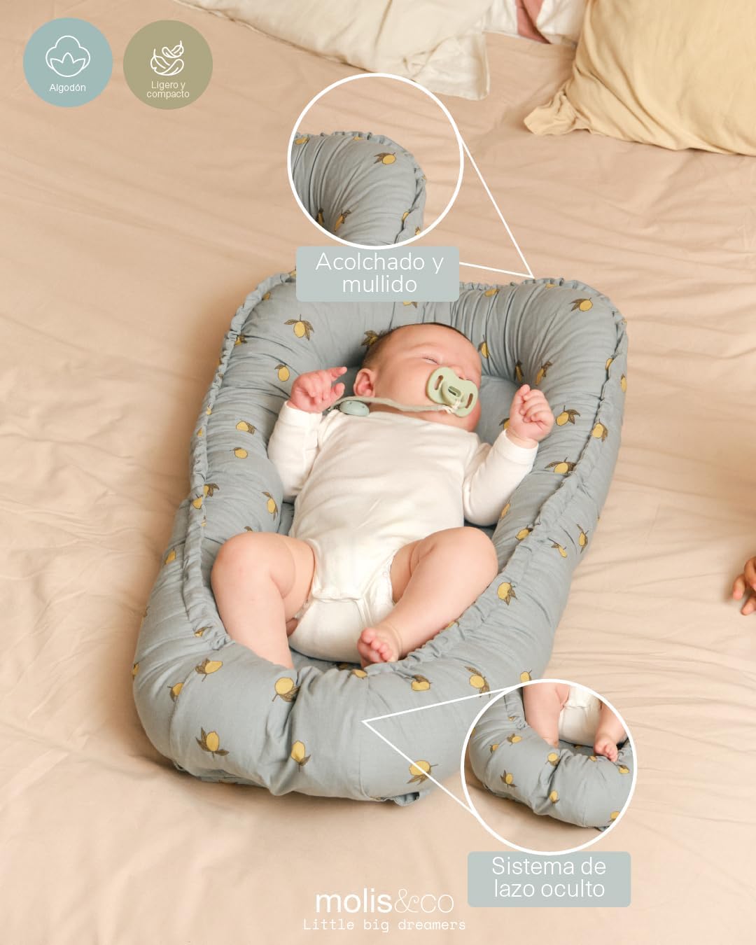 molis&co. Nido de Bebé 90 x 50 cm. Reductor de Cuna o Nido de Colecho para Bebe. Algodón. Cuna Portátil o de Viaje para recié