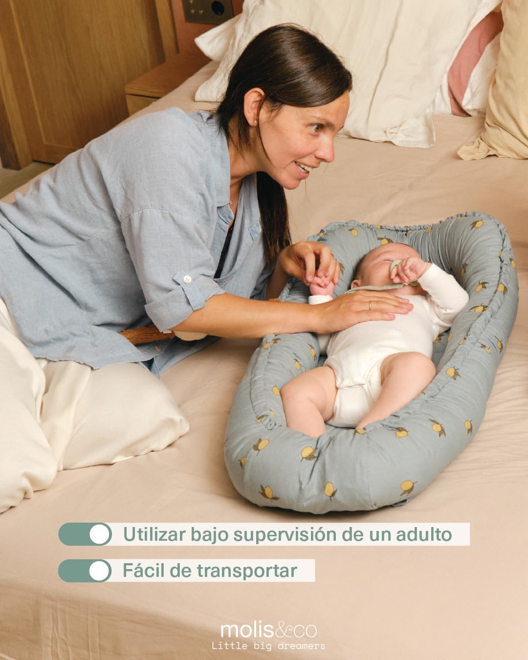 molis&co. Nido de Bebé 90 x 50 cm. Reductor de Cuna o Nido de Colecho para Bebe. Algodón. Cuna Portátil o de Viaje para recié