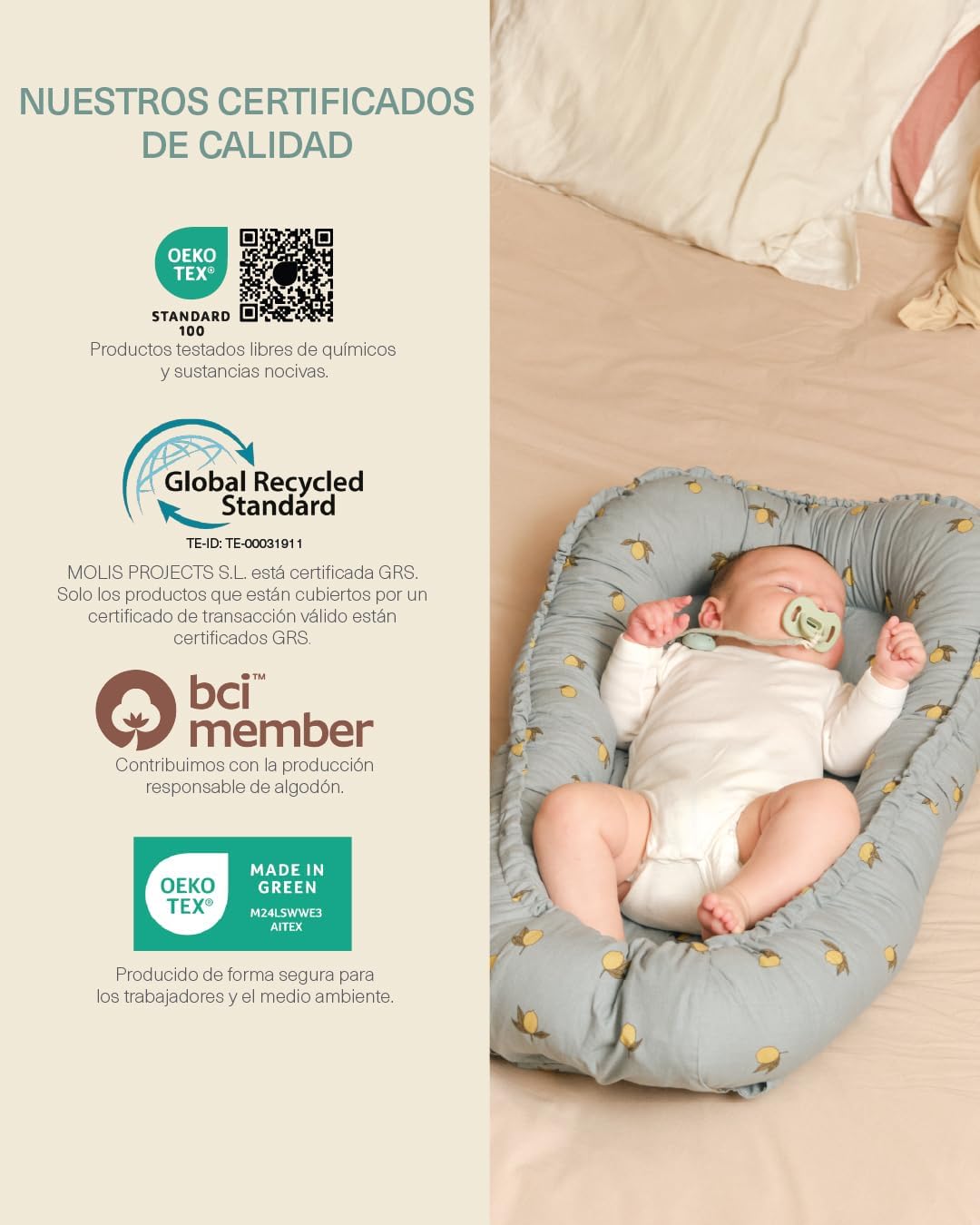molis&co. Nido de Bebé 90 x 50 cm. Reductor de Cuna o Nido de Colecho para Bebe. Algodón. Cuna Portátil o de Viaje para recié