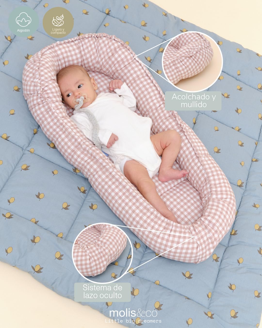 molis&co. Nido de Bebé 90 x 50 cm. Reductor de Cuna o Nido de Colecho para Bebe. Algodón. Cuna Portátil o de Viaje para recié