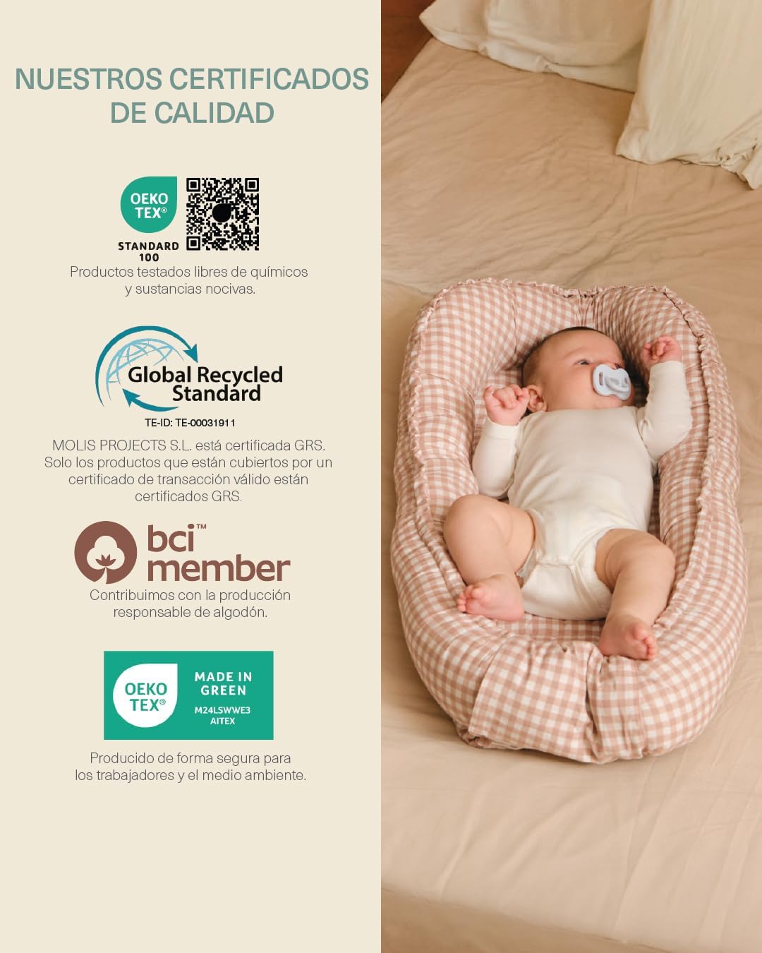 molis&co. Nido de Bebé 90 x 50 cm. Reductor de Cuna o Nido de Colecho para Bebe. Algodón. Cuna Portátil o de Viaje para recié