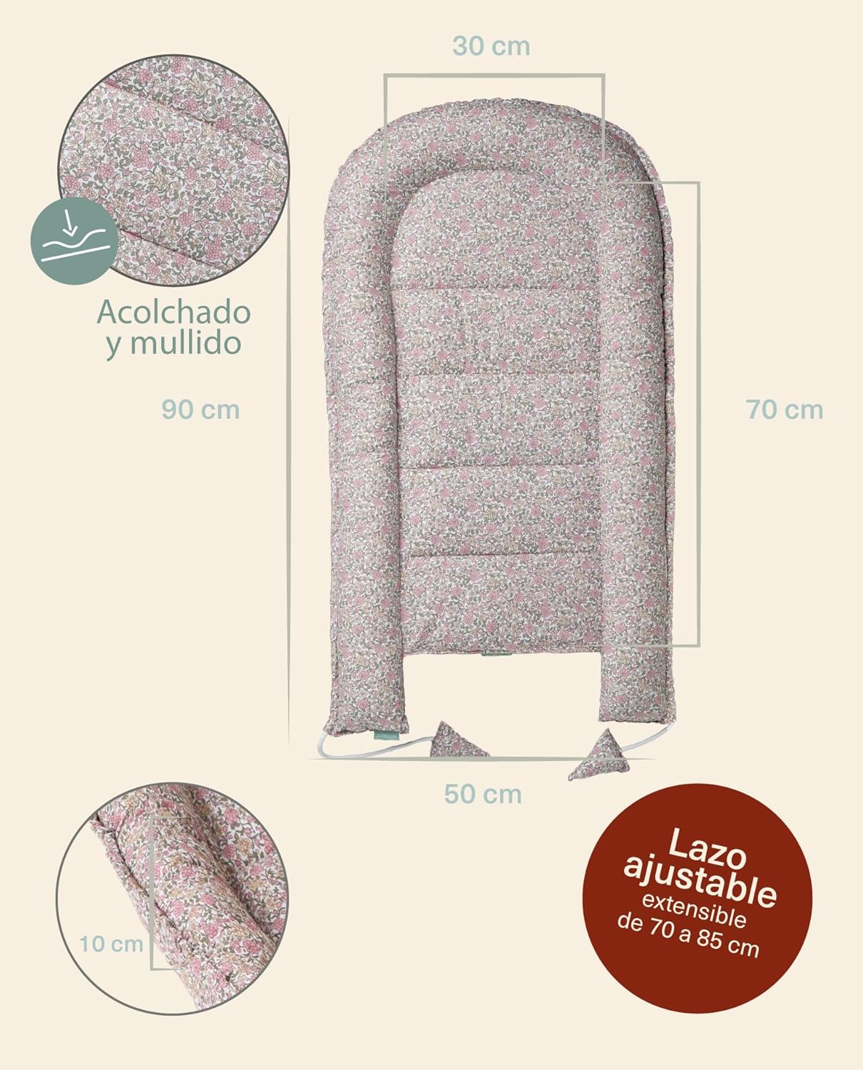 molis&co. Nido de Bebé 90 x 50 cm. Reductor de Cuna o Nido de Colecho para Bebe. Algodón. Cuna Portátil o de Viaje para recié