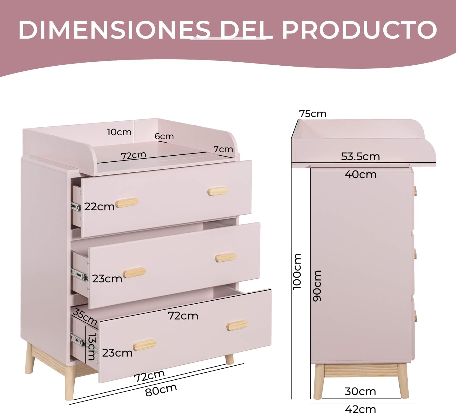 Rebecca Mobili Cómoda con Cambiador, Cambiador para Bebé, Rosa Marrón, MDF Pino, Ahorra Espacio, con Cambiador Desmontable -